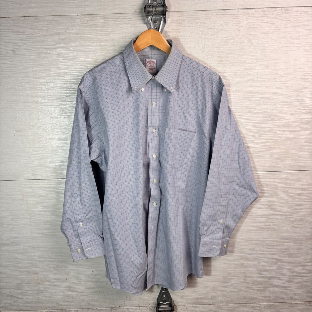Brooks Brothers 346 Check Dress Shirt Blue Red Non Iron Cotton 15.5